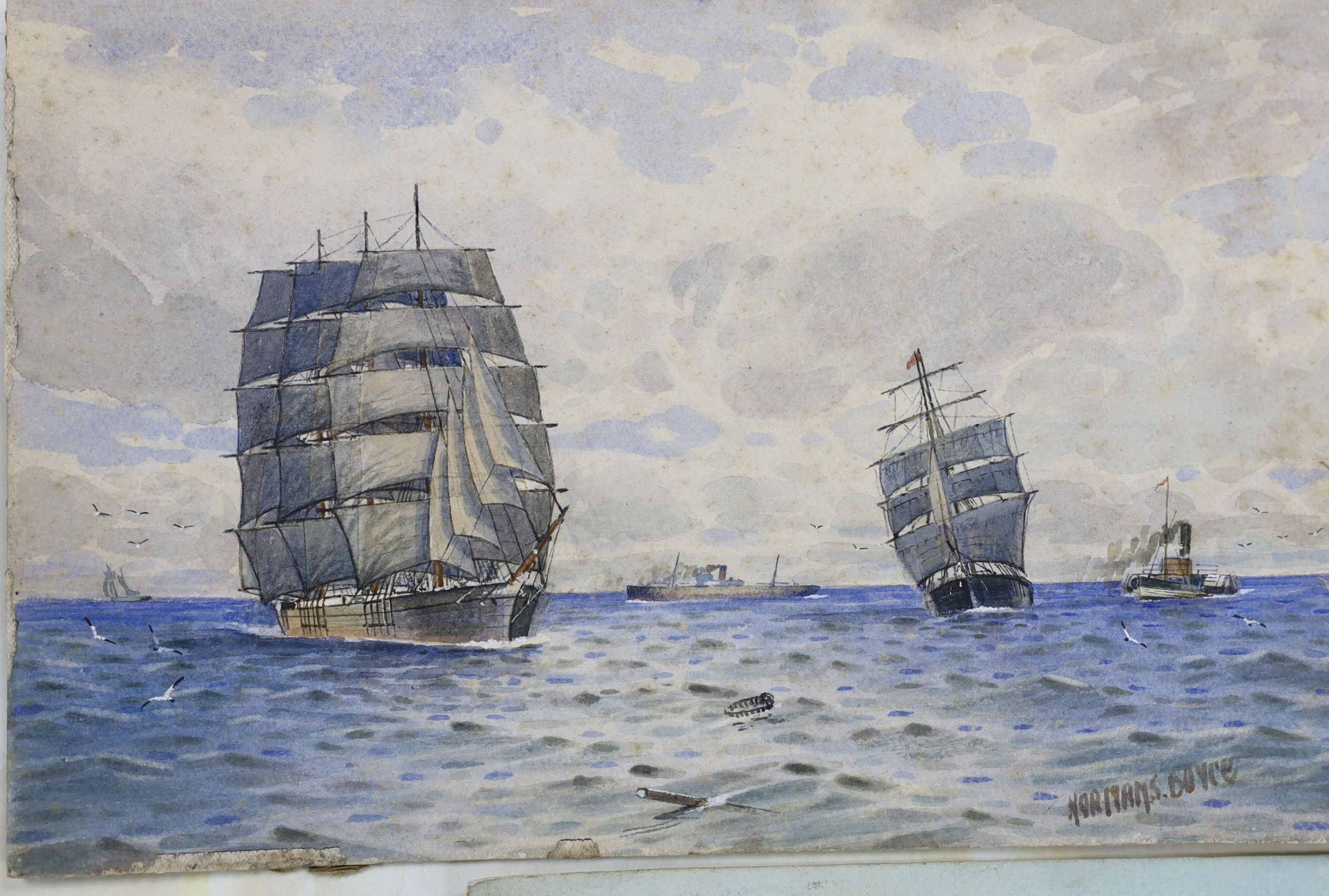 Norman Septimus Boyce (1895-1962), six watercolours, Shipping off the coast, signed, largest 26 x 39cm, unframed